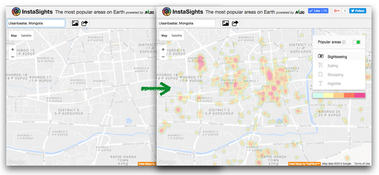 AOIs: AVUXI's TopPlace vs Google Maps comparison - Ulaanbaatar, Mongolia