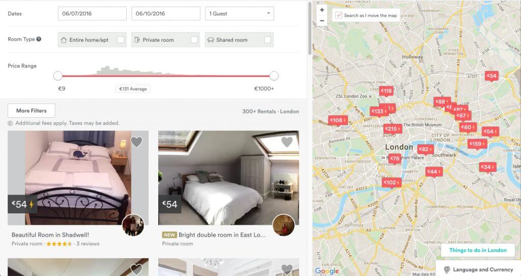 Airbnb shows by default a map view covering about 40% of the screen