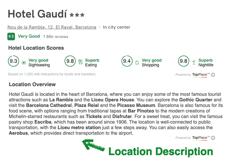 Example of a TopPlace™ Location Description in use, in combination combined with TopPlace™ Location Scores.