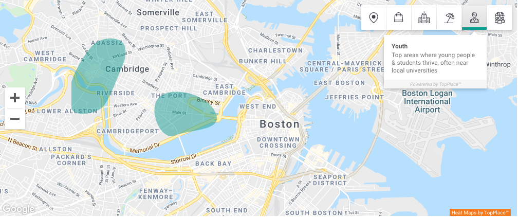 Areas of Interest by TopPlace™ - "Youth" areas in Boston