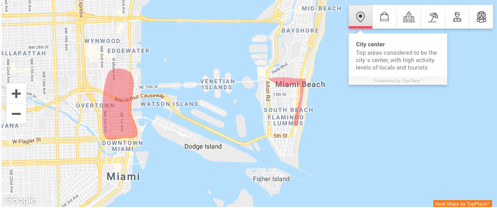 Areas of Interest by TopPlace™ - "City centers" in the Miami area
